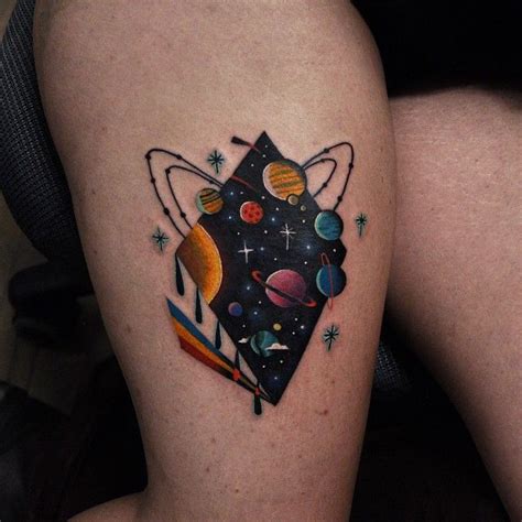 Cosmic Landscape Tattoo In A Rhombus Filled With Planets And Stars