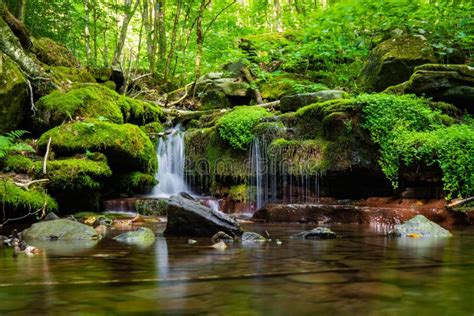 Peaceful View Of Summer River Flowing Through The Green Rocks Stock