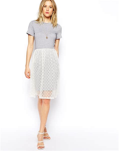 Asos Midi Dress With Tshirt And Spot Mesh Skirt In Gray Greycream Lyst