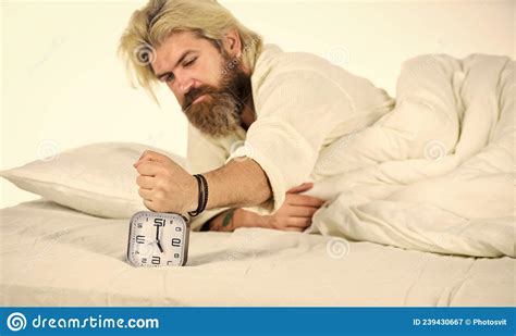 Hate Early Morning Awakening Sleepy Guy And Alarm Clock In Bed