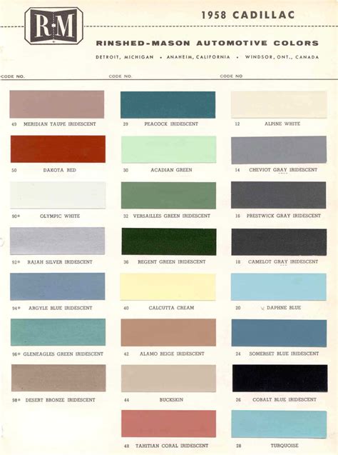 Cadillac Paint Codes And Color Charts