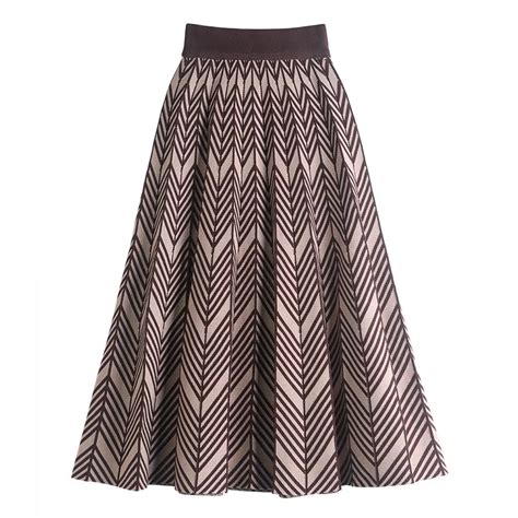 TIGENA Vintage Wave Stripes Knitted Skirt For Women 2023 Autumn Winter