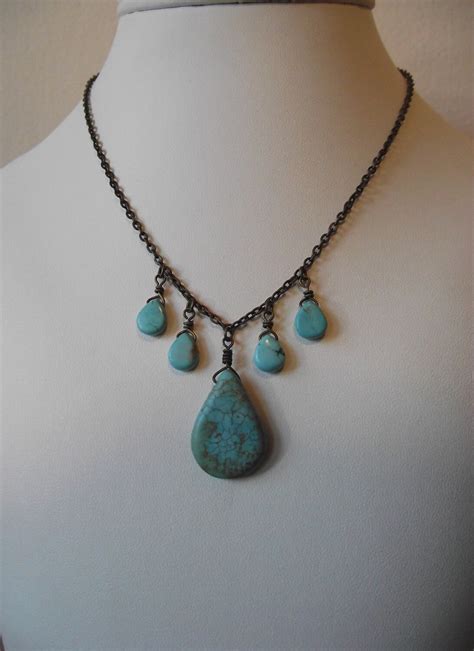 Antique Brass Turquoise Tear Drop Chain Link Necklace Etsy