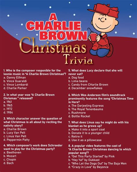 A Charlie Brown Christmas Trivia Is Shown In Red And Blue With The