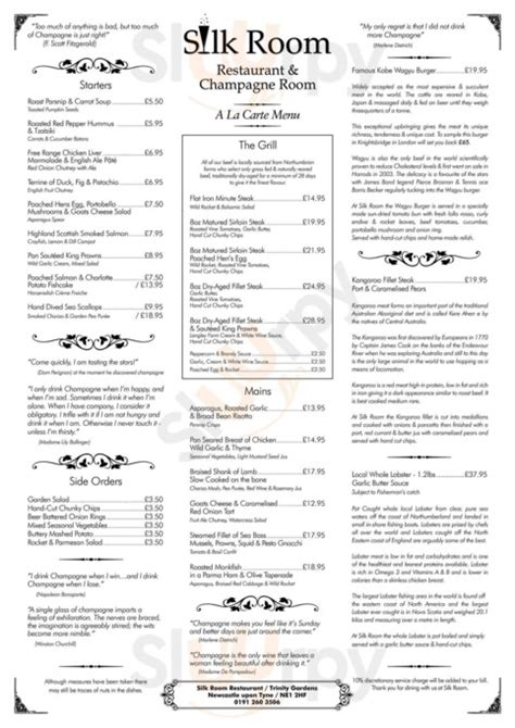 Silk Room Restaurant And Champagne Bar Newcastle Upon Tyne Menu