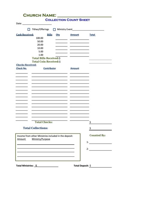 Church Collection Count Sheet printable pdf download