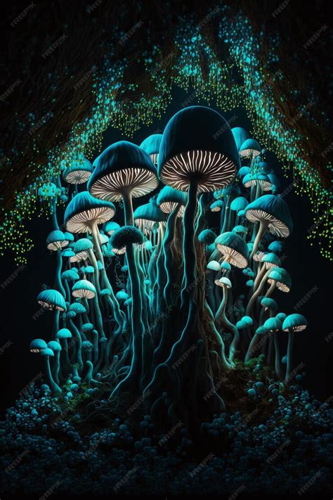 Premium Ai Image Psychedelic Bioluminescent Mushrooms In The Dark Forest