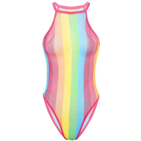 Doomiva Women S See Through Mesh Fishnet Rainbow Striped Bodysuit