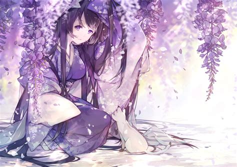Download 2480x1748 Anime Girl Kimono Flowers Black Hair Cat