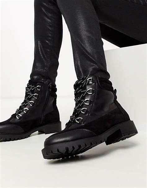 river island lace up flat hiker boot in black asos