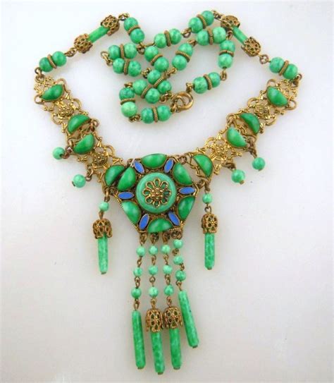 S Art Deco Signed Czech Green Jade Peking Glass Enamel Gilt Necklace