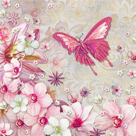 Sophisticated Elegant Whimsical Pink Butterfly Floral Flower Art