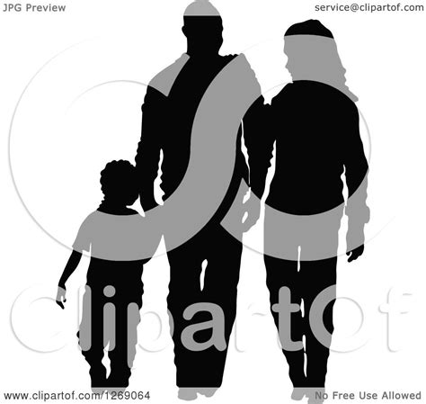 clipart of a black silhouette of a son holding hands and walking with his mother and father