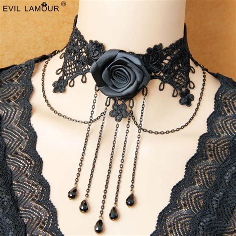 New Hllwn Gothic Punk Black Lace Chain Choker Necklaces For Woman Rose