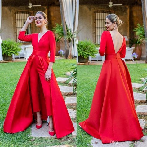 2019 Elegant New Red Jumpsuits Prom Dresses 34 Long Sleeves V Neck