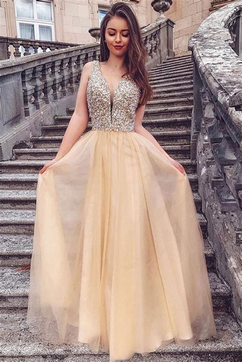 a line v neck sequins champagne long prom dress champagne formal grad abcprom