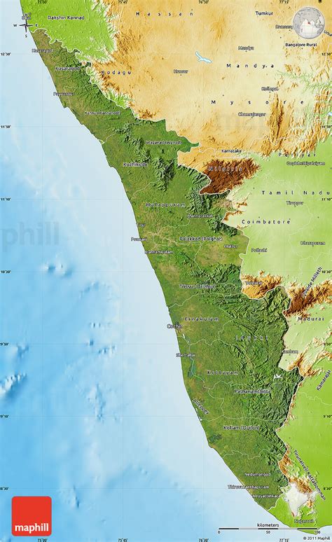 Banks, hotels, bars, coffee and restaurants, gas stations, cinemas. Satellite Map of Kerala, physical outside