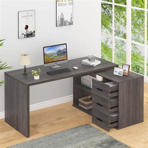 Buy Hsh L Shaped Desk With Drawers Shape Computer Storage Cabinet Shelves Reversible Modern