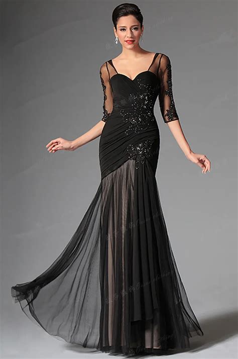 Customized Size Mermaid Black Evening Dress With Sleeves Cut Back