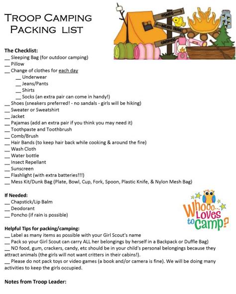 Girl Scout Troop Camping Packing List Ideas From Multiple Sources Compiled Into This Handy