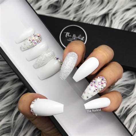 Glossy Pearl White False Nails With Glitter The Nailest