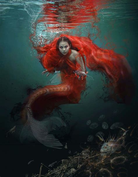 Mermaid With Red And White Tail Under The Sea Art Fantasy Mermaids