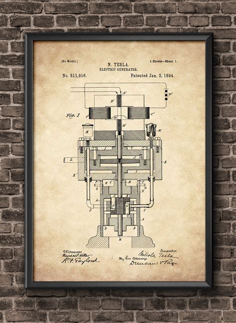Tesla Electric Generator Patent Wall Art Poster 1894. Tesla Design. Tesla Patent Invention ...