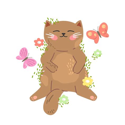 Cute Little Red Kitten Sleeps On The Grass With Butterflies And Flowers