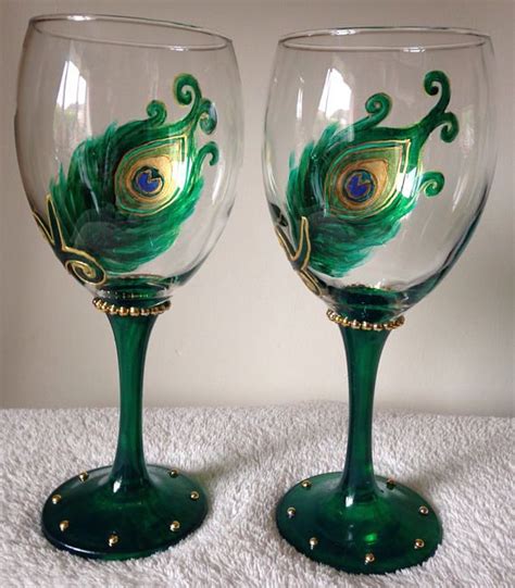 Peacock Wine Glasses Pair Of Wine Glasses Vintage Feather Etsy Peacock Wine Glasses Wine