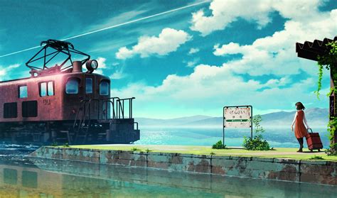 Download 2033x1200 Train Station Anime Girl Scenic Sky