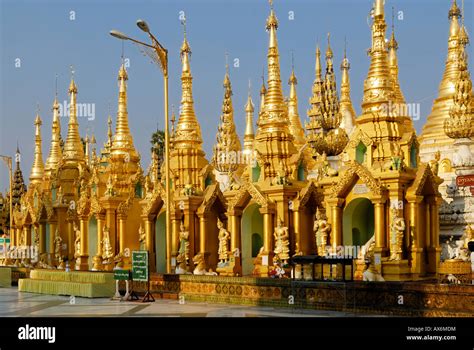 Golden Pagodas At Buddhist Temple Shwedagon Pagoda Yangon Myanmar
