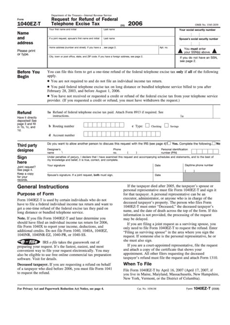 Fillable Form 1040ez T Request For Refund Of Federal Telephone Excise