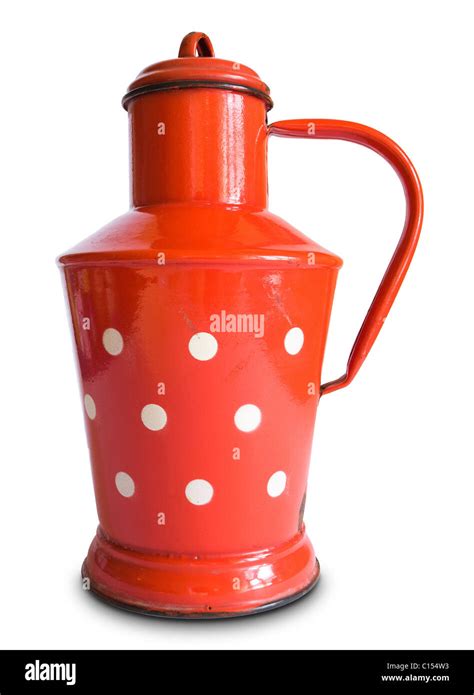 Old Fashioned Rural Style Red Metal Milk Jug With White Dots Lid And