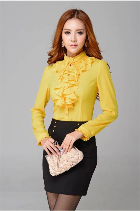 stand collar ruffles long sleeve chiffon blouse shirt plus size tops fashion blouses for