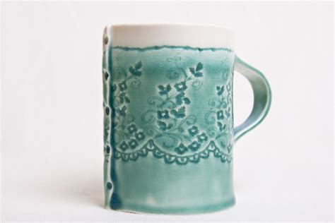 Aqua Blue Porcelain Lace Coffee Mug Cath Ball Stitched Ceramics