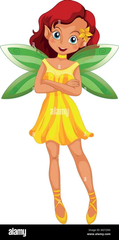 Cute Fairy In Yellow Dress And Green Wings Illustration Stock Vector