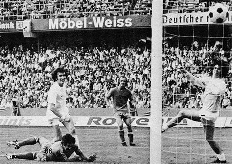 22nd june 1974 yugoslavia forward stanislav karisi scoring past scotland goalkeeper david