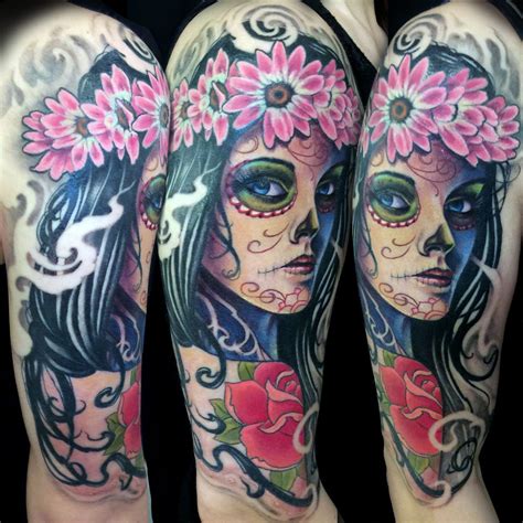 arm catrina day of the dead flowers girl head realistic realism woman tattoo slave to the needle