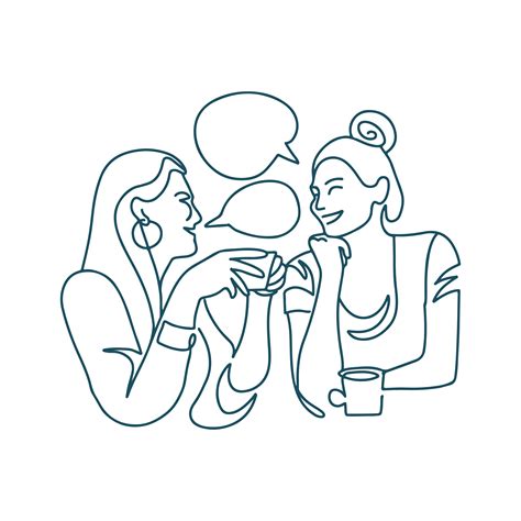 continuous line drawing of two women drinking coffee in a restaurant two happy girls chatting