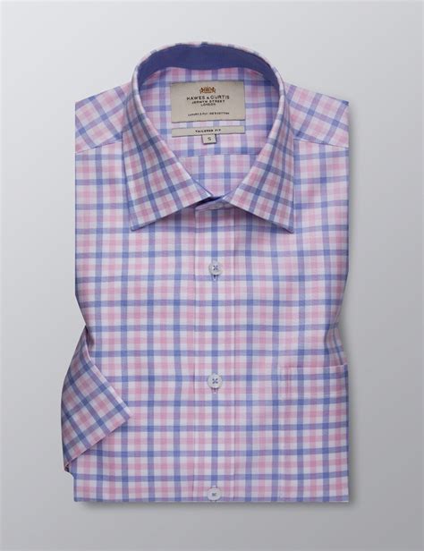 Mens Formal Blue And Pink Multi Check Tailored Fit Shirt Short Sleeve