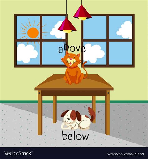 Opposite Words For Above And Below With Cat And Vector Image Teaching