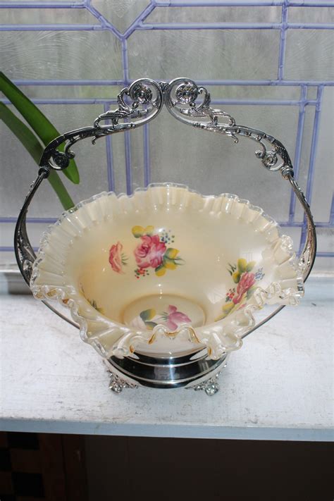 Victorian Glass Bride S Basket With Silverplate Stand Antique Wa Rogers