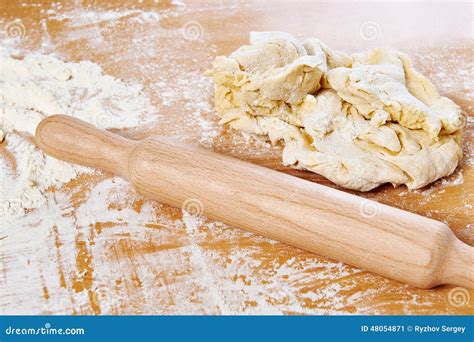 Rolling Pin And Dough On Kitchen Table Stock Image Image Of Close