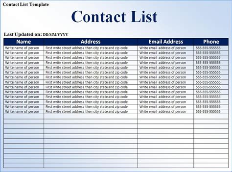 Contact List Templates 10 Free Printable Word Excel And Pdf Formats