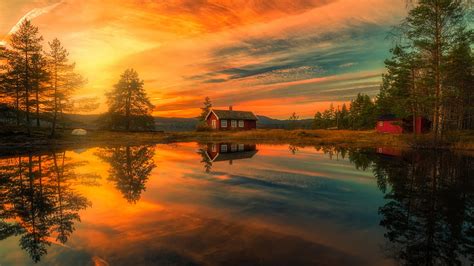 Ringerike At Sunset Norway House Trees Clouds Landscape Sky Sun