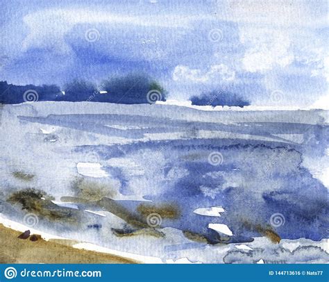 Watercolor River Nature Landscape On White Background Sketch