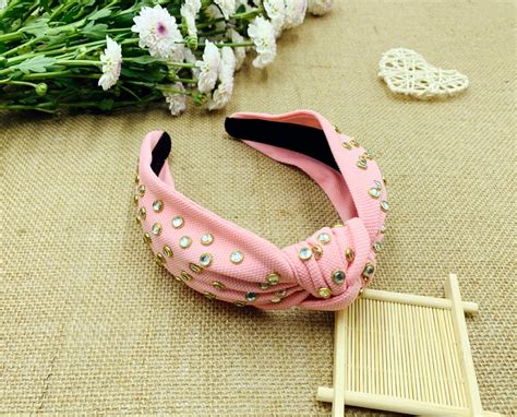 Pink Satin Knotted Headband With Rhinestonesturban Knotted Etsy