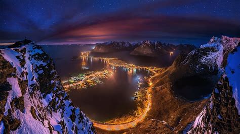 Cityscape Starry Night Lofoten Norway Mountain Sea Lights Snowy
