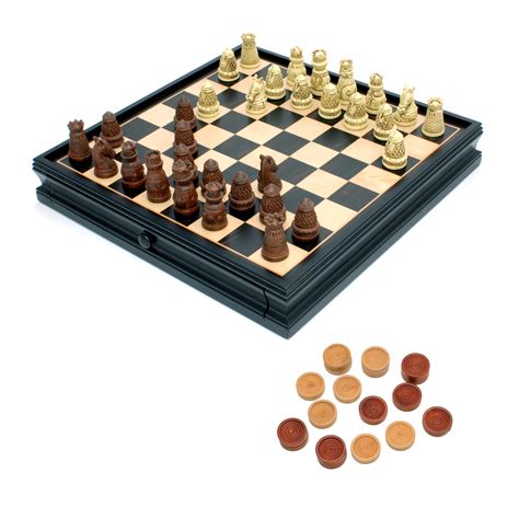 Medieval Chess And Checkers Set Polystone Pieces Black Stained Wooden