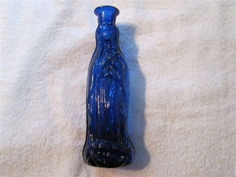 Cobalt Blue Vintage Glass Madonna Virgin Mary Figural Holy Water Bottle Green Glass Bottles